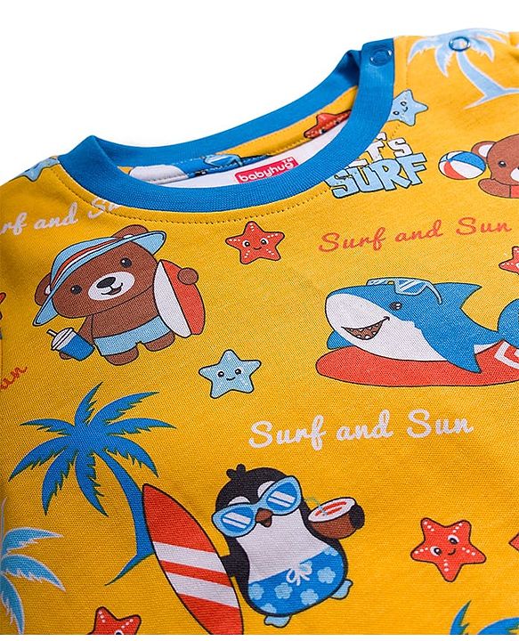 Babyhug Cotton Knit Half Sleeves T-Shirt with Beach Theme Print - Yellow