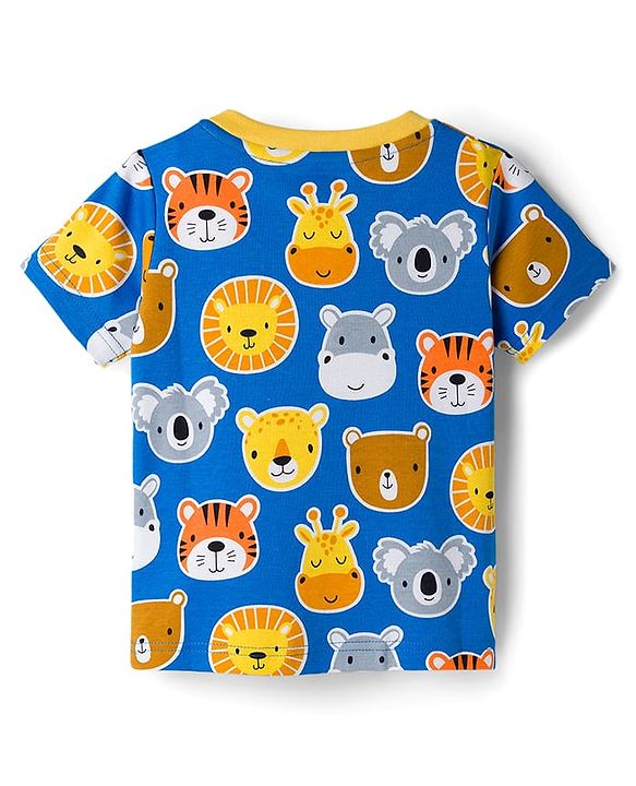 Babyhug Cotton Knit Half Sleeves T-Shirt with Animal Print - Blue