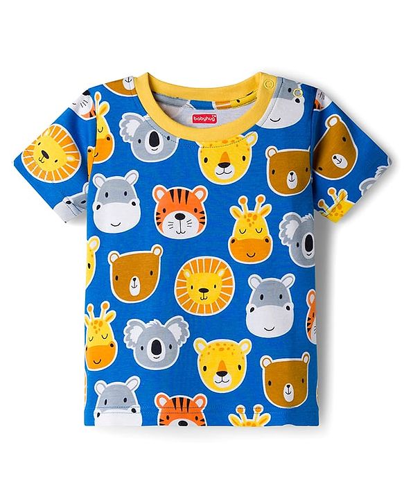 Babyhug Cotton Knit Half Sleeves T-Shirt with Animal Print - Blue