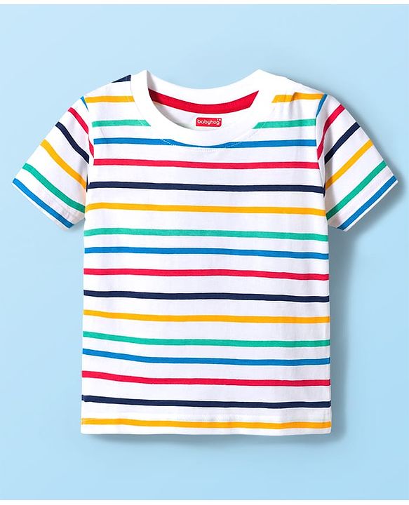 Babyhug Cotton Knit Half Sleeves Striped & Vehicle Printed T-Shirts Pack of 3 - Navy Blue Red & White