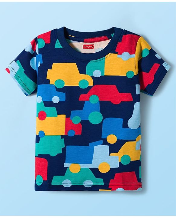 Babyhug Cotton Knit Half Sleeves Striped & Vehicle Printed T-Shirts Pack of 3 - Navy Blue Red & White