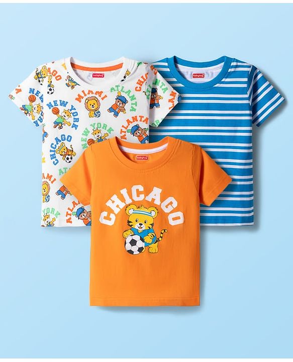 Babyhug Cotton Knit Half Sleeves Striped & Animal Printed T-Shirts Pack of 3 - Orange Blue & White
