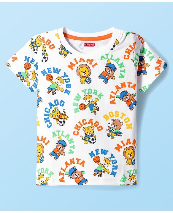 Babyhug Cotton Knit Half Sleeves Striped & Animal Printed T-Shirts Pack of 3 - Orange Blue & White