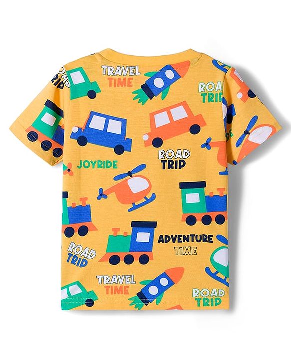 Babyhug Cotton Knit Half Sleeves T-Shirts with Vehicle Print & Stripes Pack of 3 - Red Yellow & Blue