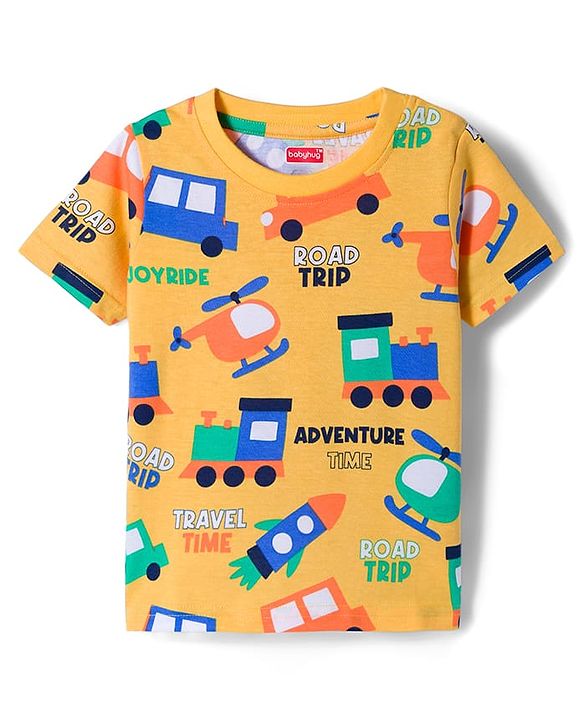 Babyhug Cotton Knit Half Sleeves T-Shirts with Vehicle Print & Stripes Pack of 3 - Red Yellow & Blue