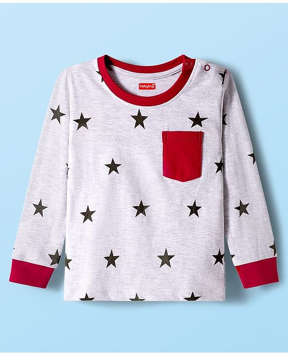 Babyhug Cotton Knit Full Sleeves Co-ord Night Suit With Star Print - White