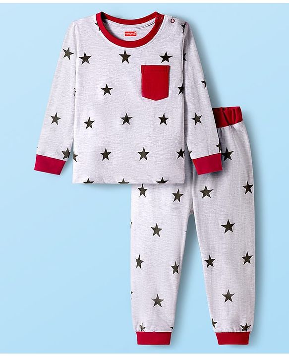 Babyhug Cotton Knit Full Sleeves Co-ord Night Suit With Star Print - White