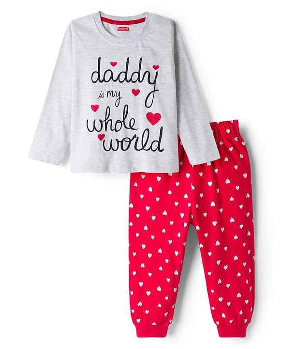 Babyhug Cotton Knit Full Sleeves Night Suit With Heart Print - White & Red