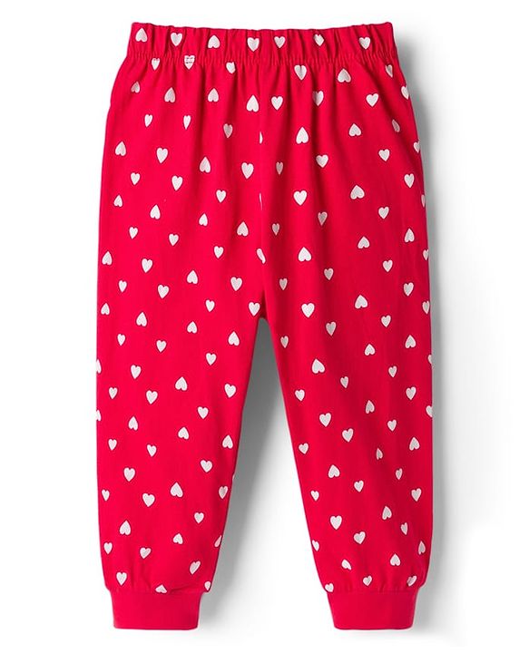 Babyhug Cotton Knit Full Sleeves Night Suit With Heart Print - White & Red