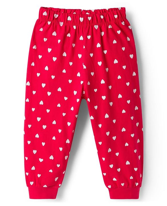 Babyhug Cotton Knit Full Sleeves Night Suit With Heart Print - White & Red