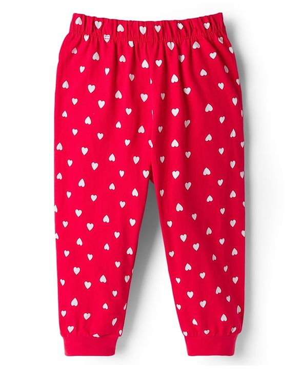 Babyhug Cotton Knit Full Sleeves Night Suit With Heart Print - White & Red