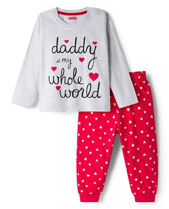 Babyhug Cotton Knit Full Sleeves Night Suit With Heart Print - White & Red
