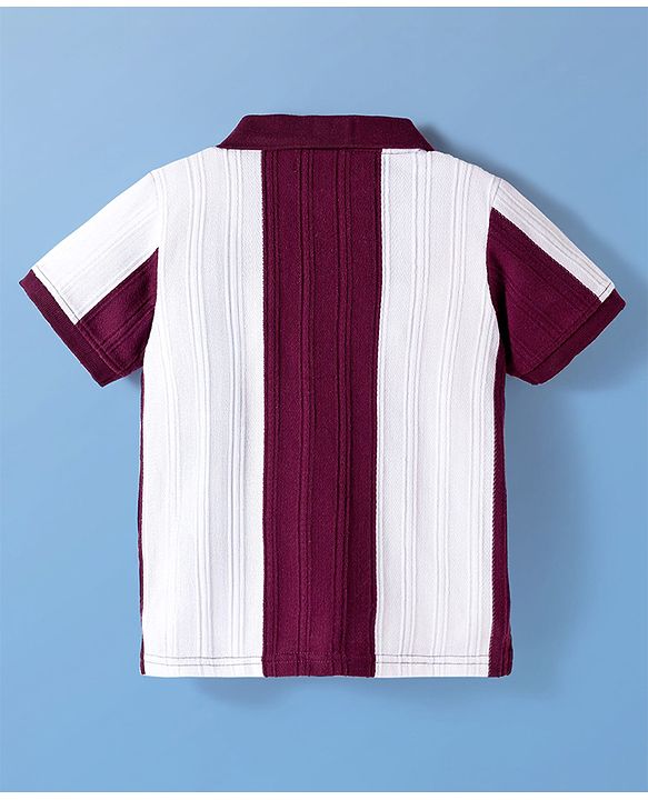 Pine Kids Cotton Knit Half Sleeves Knitted Colour Block Polo T-Shirt - White & Maroon