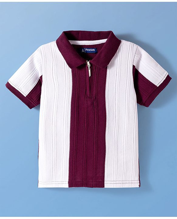 Pine Kids Cotton Knit Half Sleeves Knitted Colour Block Polo T-Shirt - White & Maroon
