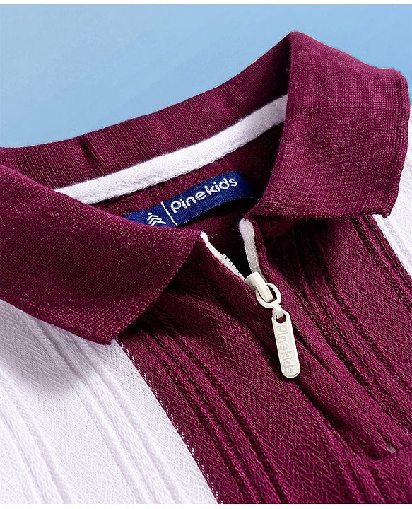 Pine Kids Cotton Knit Half Sleeves Knitted Colour Block Polo T-Shirt - White & Maroon