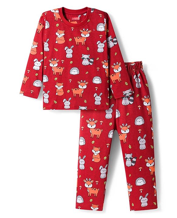 Babyhug Cotton Knit Full Sleeves Co-ords Night Suit With Animal Print - Maroon