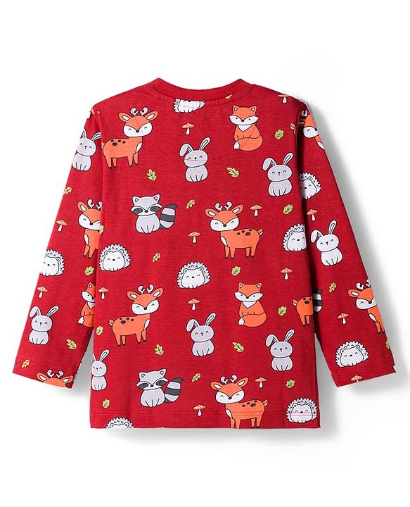 Babyhug Cotton Knit Full Sleeves Co-ords Night Suit With Animal Print - Maroon