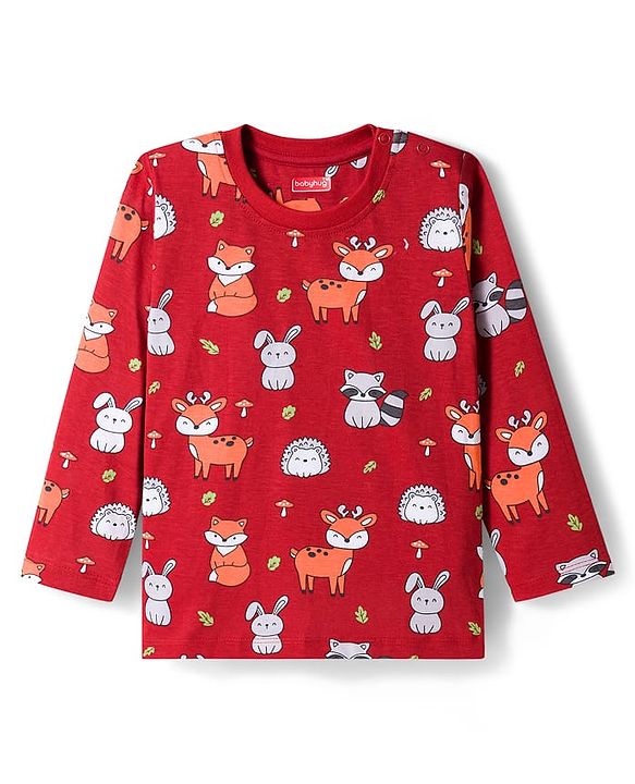 Babyhug Cotton Knit Full Sleeves Co-ords Night Suit With Animal Print - Maroon