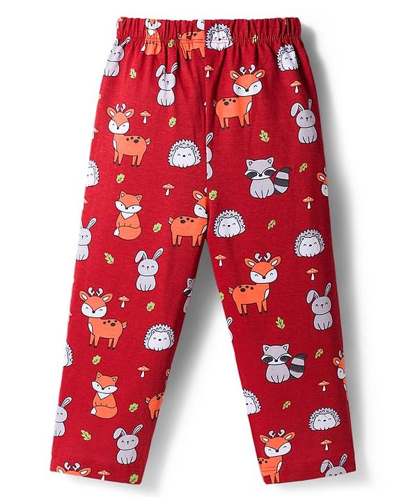Babyhug Cotton Knit Full Sleeves Co-ords Night Suit With Animal Print - Maroon