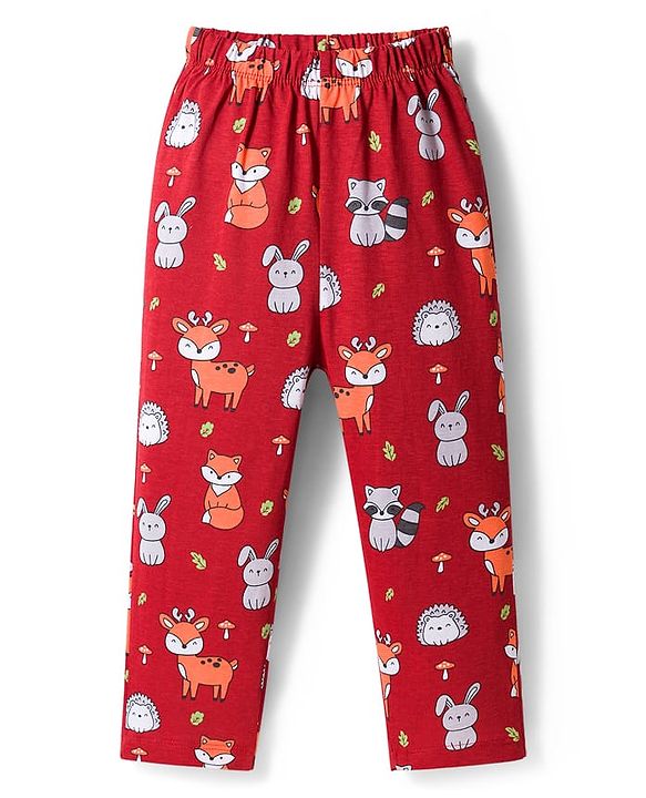 Babyhug Cotton Knit Full Sleeves Co-ords Night Suit With Animal Print - Maroon
