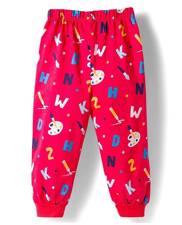 Babyhug Cotton Knit Full Sleeves Co-ord Night Suit With Painting Print - Red