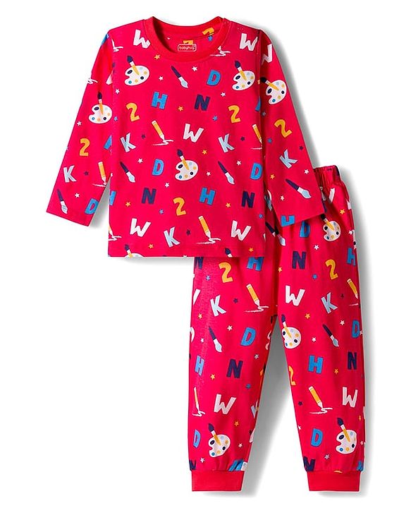 Babyhug Cotton Knit Full Sleeves Co-ord Night Suit With Painting Print - Red