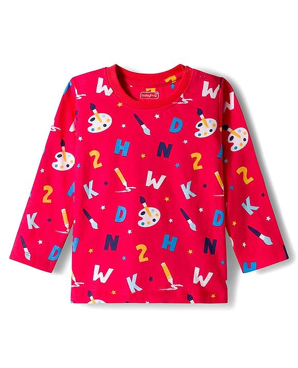 Babyhug Cotton Knit Full Sleeves Co-ord Night Suit With Painting Print - Red
