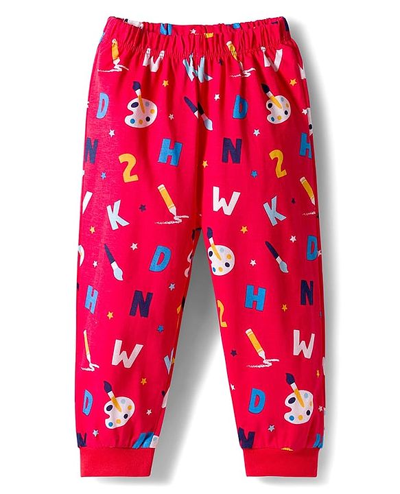 Babyhug Cotton Knit Full Sleeves Co-ord Night Suit With Painting Print - Red