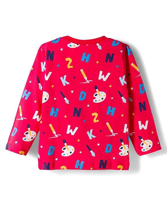 Babyhug Cotton Knit Full Sleeves Co-ord Night Suit With Painting Print - Red