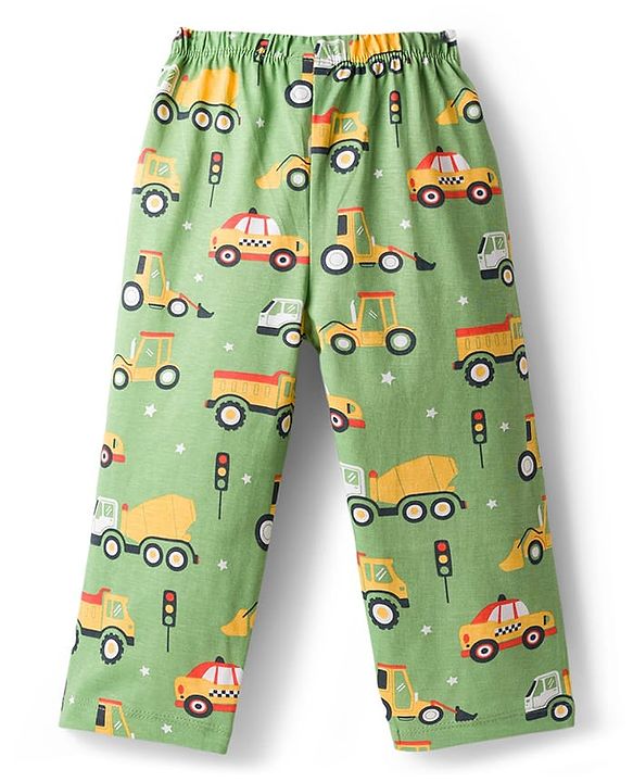 Babyhug Cotton Knit Full Sleeves Co-Ord Night Suit with Vehicle Print - Green