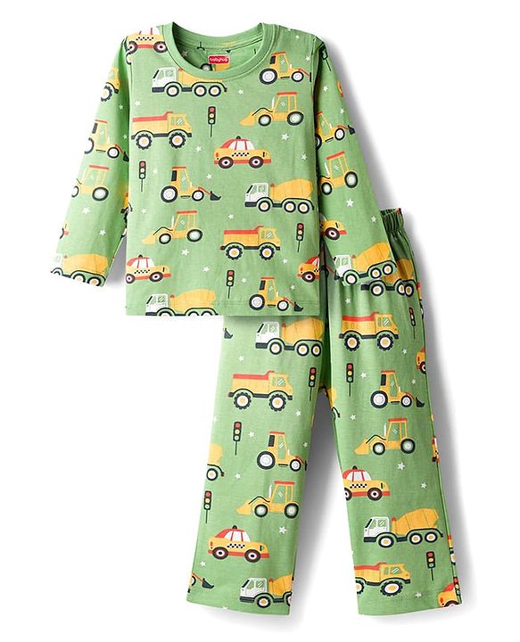 Babyhug Cotton Knit Full Sleeves Co-Ord Night Suit with Vehicle Print - Green