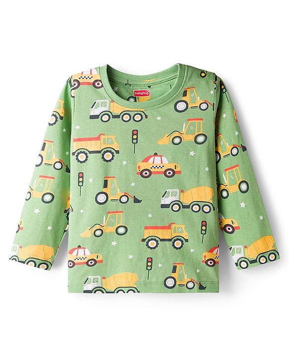 Babyhug Cotton Knit Full Sleeves Co-Ord Night Suit with Vehicle Print - Green
