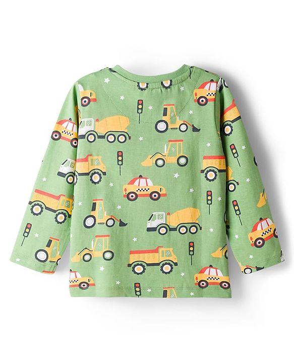 Babyhug Cotton Knit Full Sleeves Co-Ord Night Suit with Vehicle Print - Green