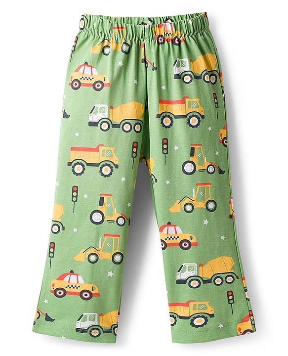 Babyhug Cotton Knit Full Sleeves Co-Ord Night Suit with Vehicle Print - Green