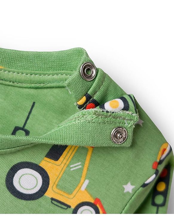 Babyhug Cotton Knit Full Sleeves Co-Ord Night Suit with Vehicle Print - Green