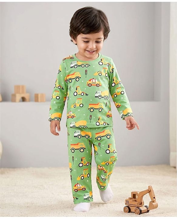Babyhug Cotton Knit Full Sleeves Co-Ord Night Suit with Vehicle Print - Green