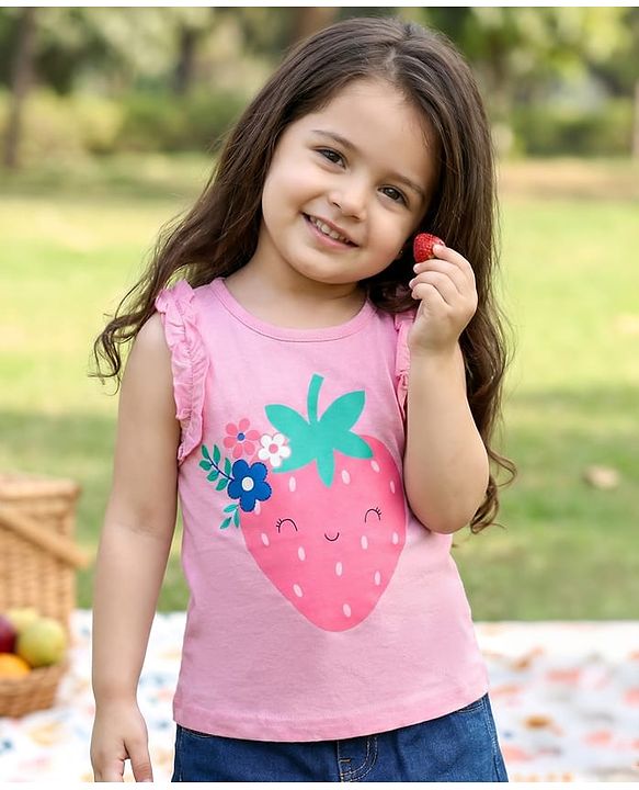 Babyhug Cotton Knit Sleeveless Top With Strawberry Print - Pink