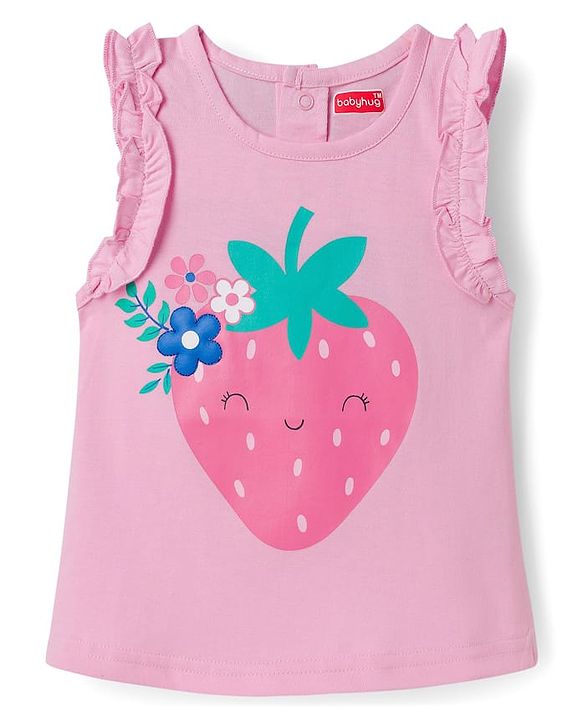 Babyhug Cotton Knit Sleeveless Top With Strawberry Print - Pink