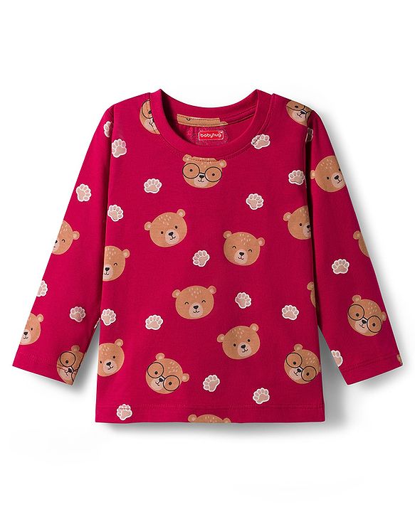 Babyhug Cotton Knit Full Sleeves Co-ord Night Suit With Teddy Bear Print - Maroon