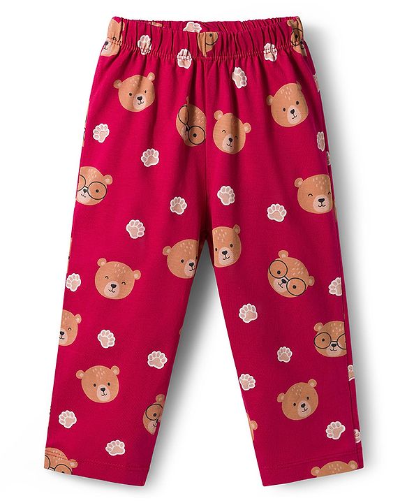 Babyhug Cotton Knit Full Sleeves Co-ord Night Suit With Teddy Bear Print - Maroon