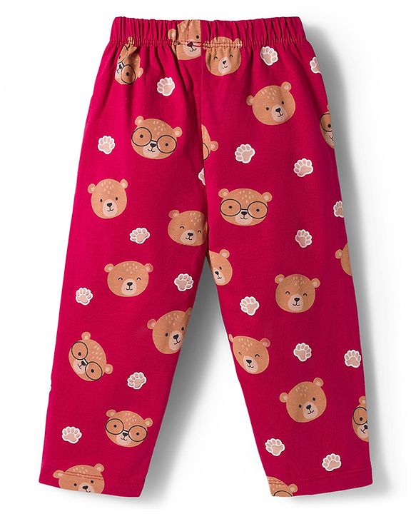 Babyhug Cotton Knit Full Sleeves Co-ord Night Suit With Teddy Bear Print - Maroon