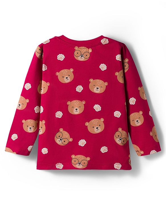 Babyhug Cotton Knit Full Sleeves Co-ord Night Suit With Teddy Bear Print - Maroon