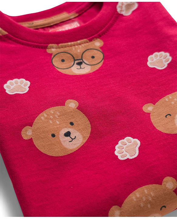 Babyhug Cotton Knit Full Sleeves Co-ord Night Suit With Teddy Bear Print - Maroon