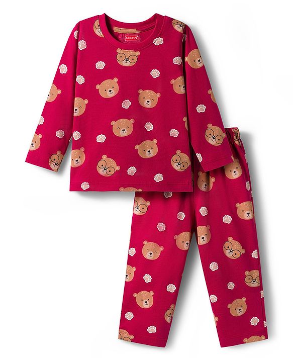 Babyhug Cotton Knit Full Sleeves Co-ord Night Suit With Teddy Bear Print - Maroon