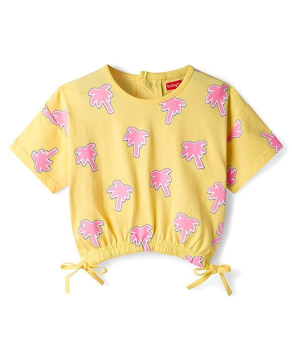 Babyhug Cotton Knit Half Sleeves Top With Tree Print - Yellow