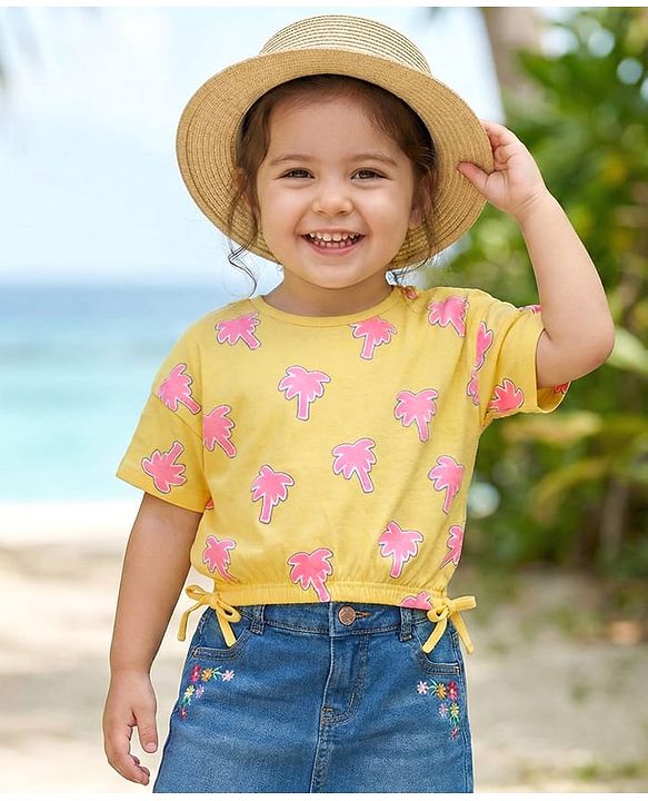 Babyhug Cotton Knit Half Sleeves Top With Tree Print - Yellow