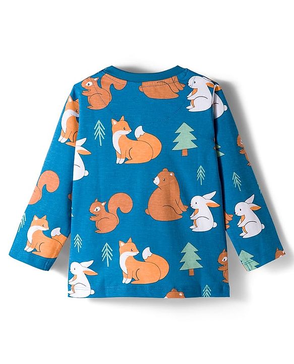 Babyhug Cotton Knit Full Sleeves Co-ords Night Suit With Animal Print - Blue