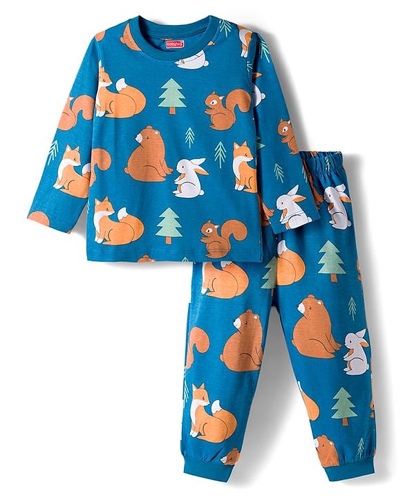 Babyhug Cotton Knit Full Sleeves Co-ords Night Suit With Animal Print - Blue