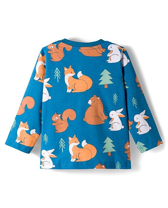 Babyhug Cotton Knit Full Sleeves Co-ords Night Suit With Animal Print - Blue