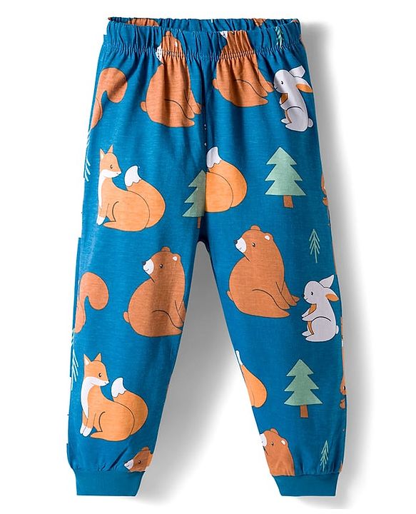 Babyhug Cotton Knit Full Sleeves Co-ords Night Suit With Animal Print - Blue